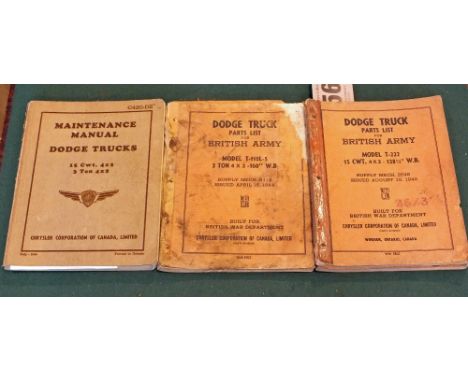 A Dodge truck maintenance manual with three Dodge truck parts lists, all WWII dated