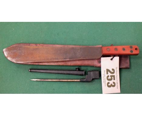 A WWII era machete in a 1940 dated sheath with a No.4 spike bayonet with scabbard