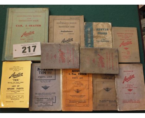 A box of Austin manuals including a 1944 dated hardback copy of "Maintenance Manual and Instruction book for Austin Light Uti