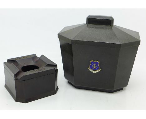 A Bakelite ashtray marked Old Mull Scotch Whisky and a tobacco jar with applied Lochghilphead emblem