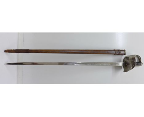 A George V sword with leather scabbard, the blade marked Army & Navy Co-operative Society, Victoria St., London, S.W., top of