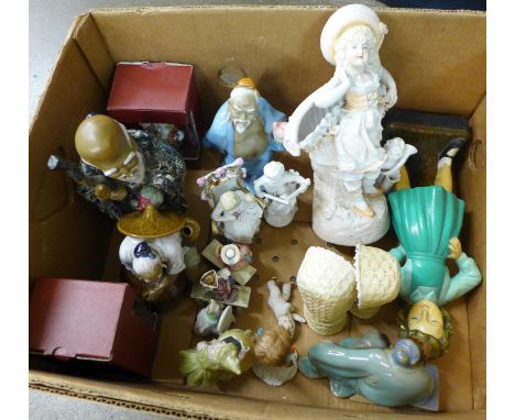 Four figures of oriental gentleman, one marked China, other continental figures and two boxed Villeroy & Boch trinket boxes