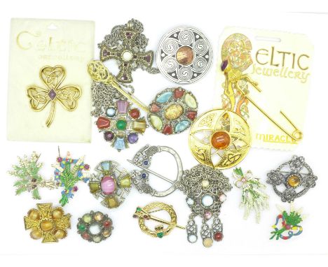 A collection of Celtic brooches, pendants and chains, 425g
