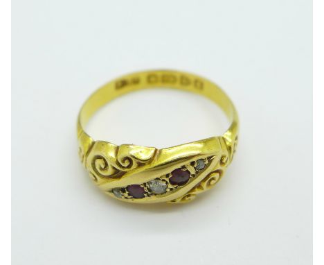 An 18ct gold, diamond and ruby ring, Chester 1905, 2.2g, L