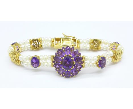 A silver gilt, amethyst and freshwater pearl bracelet