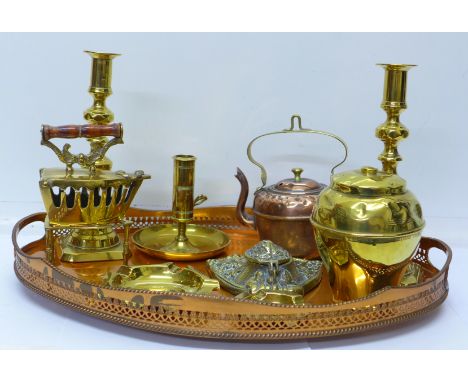 Brass and copper including a pair of brass candlesticks and copper gallery tray plus a Lipton's Tea Caddy, British Empire Exh