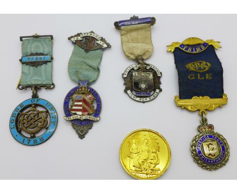 Four silver and enamel Masonic medallions and a gilt metal medallion
