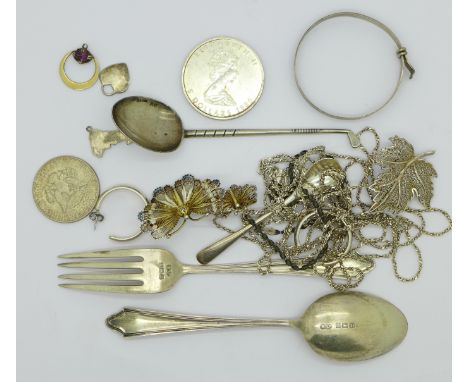 Silver and white metal jewellery, two silver spoons and a fork, etc., 163g