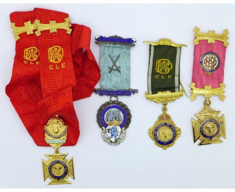 A silver and enamel Masonic medallion, The Old Castle Lodge and three other Masonic medallions