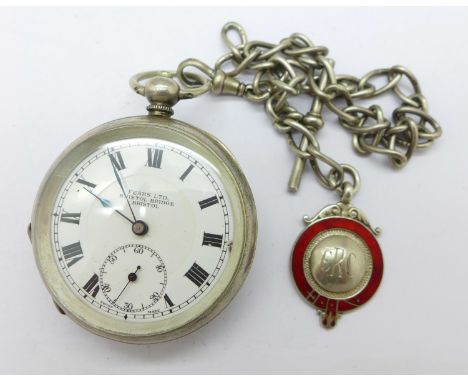 A silver pocket watch and Albert chain with a silver and enamel fob