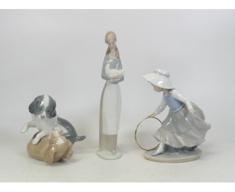 Collection of Three Nao Figures to include Two Dogs Playing, Lady Carrying a Duck and Young Girl with Hoop. (H: 27cm) (3)