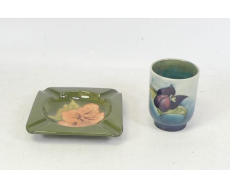 Moorcroft, 1950's Floral Design fading green to blue small vase. Height: 8cm together with Hibiscus on Green Ground ashtray (
