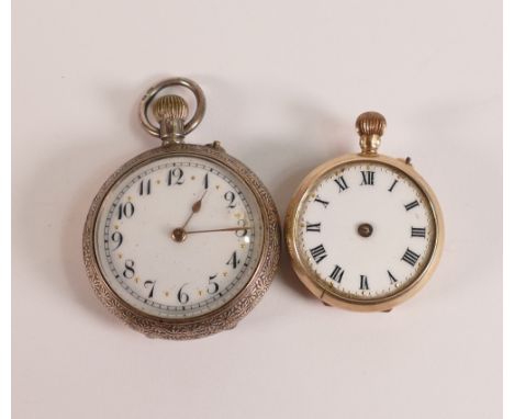 Ladies Silver fob watch, top winding with ornate case and 9ct gold fob watch with no hands and missing top ring. (2)
