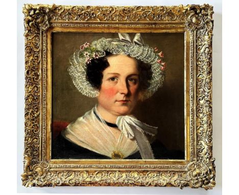 English School (Mid-late 19th century) Portrait of a lady in black wearing lace scarf and bonnet. Her dress also has a gold a