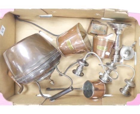 A selection of metal ware to include copper kettle, three copper cider measures, silver type candle stick, footed condiment p