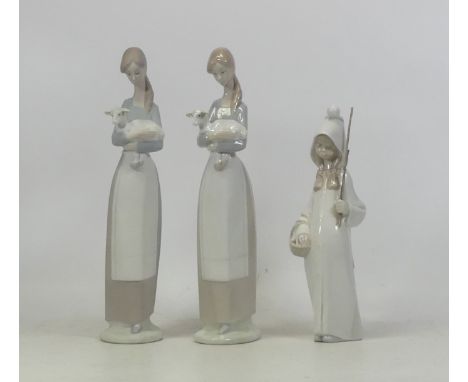 Lladro, Three models of a lady with lamb in gloss and matte together with a girl gathering sticks (3)