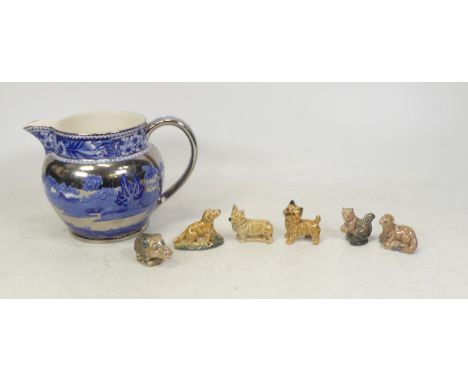Wedgwood Lustre Jug 'Fallow Deer 10cm Tall (chip to handle noted), also a selection of Wade Whimsies including dogs, Squirrel