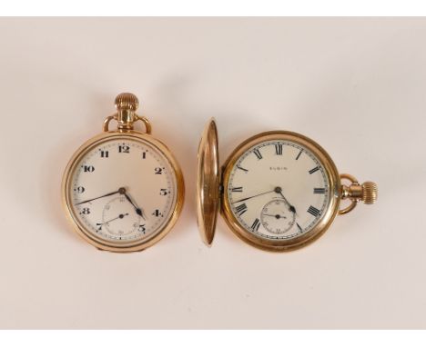 Two keyless gold plated gents pocket watches, an Elgin full hunter, and an open faced, un-named similar example. Both wind, s