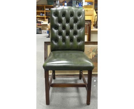 Green Leather Button Back Chair on H-Shaped Stretcher. Height:COLLECTION OR COURIER ONLY