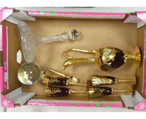Bohemian Gilt &amp; Cranberry Decanter and Glasses together with Ships Decatner and Crystal Basll on Mount (1 Tray)
