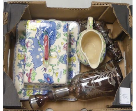 Bohemian Silver Overlay Glass Decanter with Four Glasses together with Mason's Regency pattern Butter Dish and Jug (1 Tray)