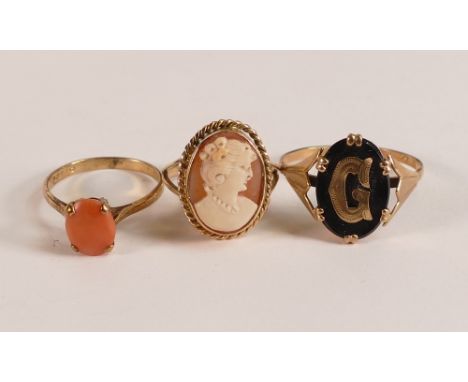 Three 9ct gold ladies dress rings, Coral size S, Cameo L &amp; black Onyx with letter G, size Y.  Gross weight 8.32g