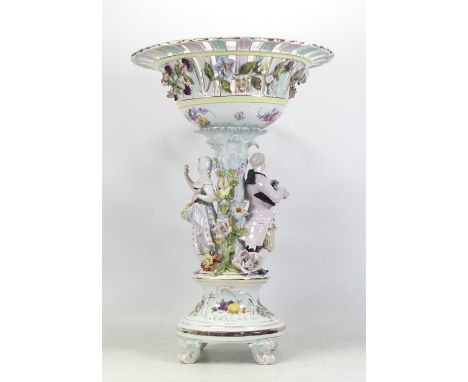Dresden Porcelain Tall Figural Reticulated Comport. Modelled with two figures in 18th century dress and florally encrusted el