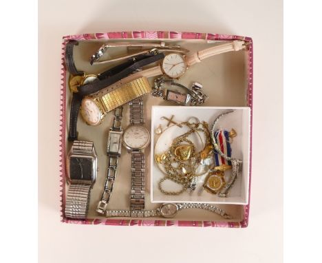 A collection of watches and ladies costume jewellery including DKNY, Next, Limit,Sekonda, Timex rolled gold bangle, Pendants 