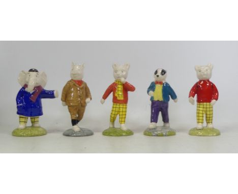 Beswick Ware, Rupert Bear figures Edward Trunk, Rupert Bear, Podgy Pig, Bill Badger and Rupert with Satchel (5)