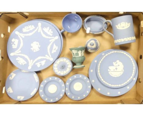 Wedgwood jasperware to include Turquoise small urn vase, powder blue various size plates, tankard, trinket box Etc (1Tray)