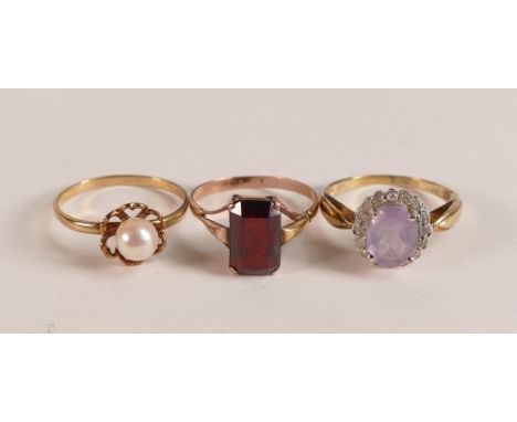 Three 9ct gold ladies dress rings, garnet size S, Pearl P &amp; light purple &amp; white stone cluster P.  Gross weight 6.32g