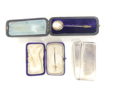 Silver hallmarked calling card case, together with 2 cased stick / stock pins, one of which tests as 9ct gold or better.