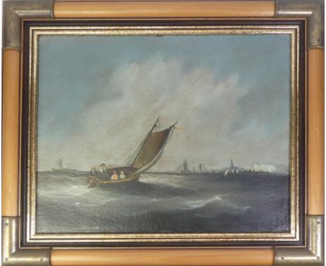 Seascape depciting four men in a sailboat with coast and ships behind. Oil on canvas. In open frame. Size incl. frame, Height