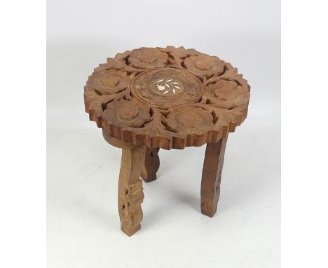 Small Anglo-Indian Stool with floral carved seat. Height: 24cm