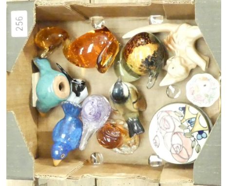 A selection of glass to include paperweights birds, snail, duck also Old Tupton floral trinket box, Syvac Cat 1046, Wedgwood 