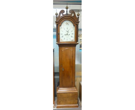 Chaplins of Bury, Victorian Grandfather Clock. Painted frontplate with arabic numerals. Three gilt ball and spoke finials. He