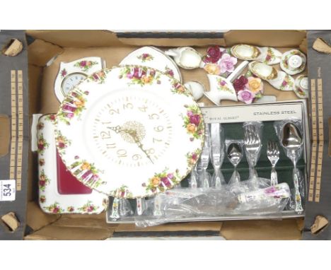 Royal Albert 'Old Country Roses' to include boxed 30 piece cutlery set, wall clock, picture frame, clock trinket box, flower 