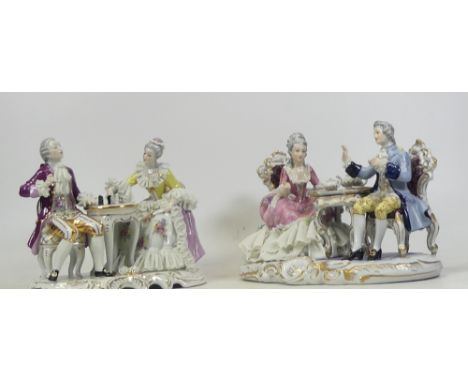 Capodimonte figural group of eighteen century gent and lady taking tea together with dresden figure of chess players. Height 