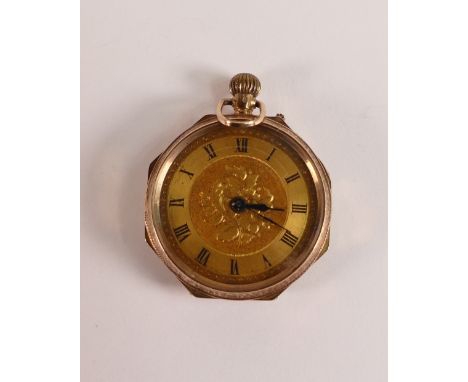 9ct gold ladies fob watch, hexagon shaped case with enamelled floral decoration to back of case, d.2.75cm,18.4g, in working o