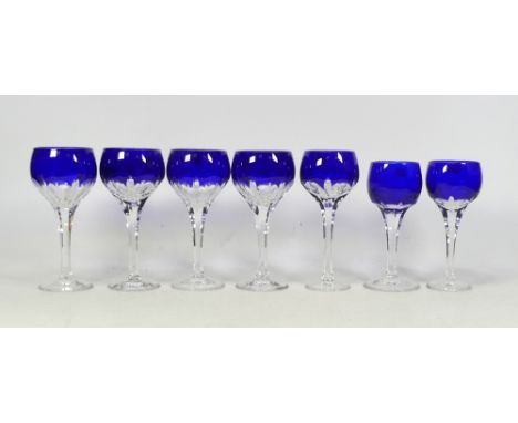 Ajka, Seven Cobalt Blue Crystal Vodka Glasses. Used as blanks for the production of De Lamerie luxury giltware. Height of tal