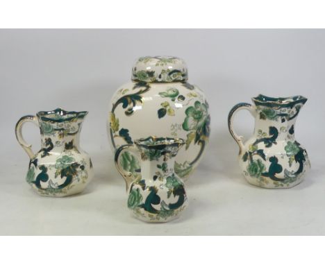 Masons Ironstones, Chartreuse pattern ginger jar together with three octagonal jugs. (4)