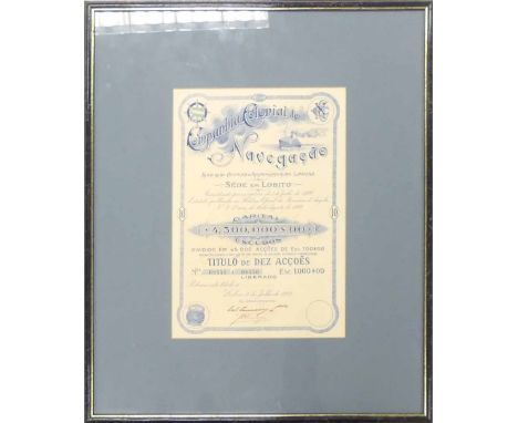 Companhia Colonial de Navegacao, Capital $4,500,00 1922. Framed behind glass.