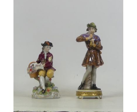 Two Dresden Porcelain Figures, inlcudes Kammer model of a piper together with Sitzendorf flower boy. Height of tallest: 19cm 
