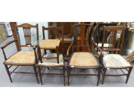 Four Dining Chair to include Inlaid Marquetry examples together with small woven stool. Height: 95cm (5)COLLECTION OR COURIER