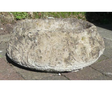 Stone Planter / Birdbath with Stylised Acanthus Leaf Designs. Height: 18cm Diameter: 40cmCOLLECTION OR COURIER ONLY