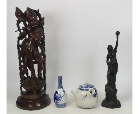 A Carved Burmese Type Buddhist Figure together with a smaller French Spelter figure 'l'industria' and two oriental porcelain 