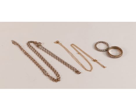 Two x 9ct gold eternity rings with white stones, sizes M &amp; P, together with 2 x 9ct gold broken chains, gross weight 10.6