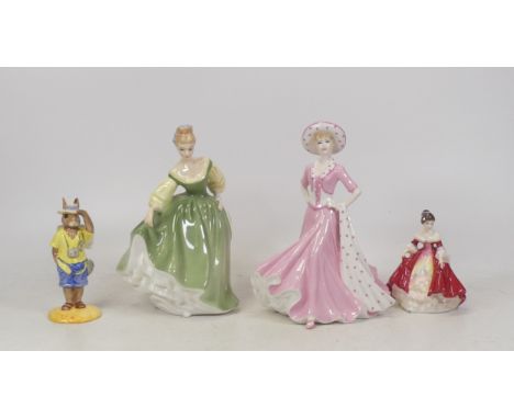 Four Ceramic Figures, includes Coalport Sentiments Good Luck, Fair Lady HN2193 (seconds), Southern Belle HN3174 (seconds) and