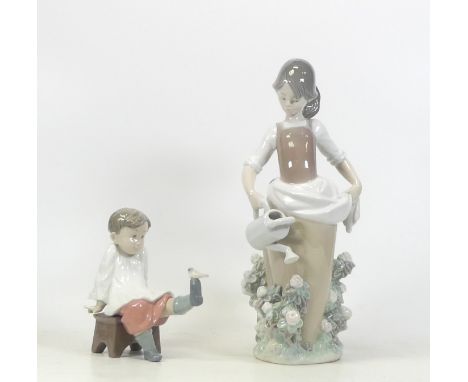 Lladro, model of a girl with watering can together with small boy with a bird (2)