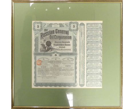 The Russian General Oil Corporation, 5 Societe general Naphifere Russe Limited Capital £2,500,000. Framed behind glass.